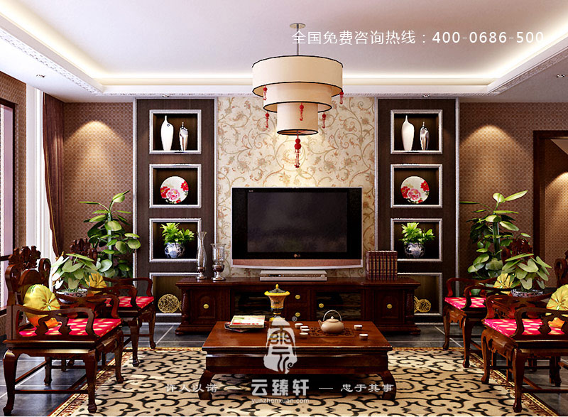以暖色調(diào)為主的巴郎中式東南亞客廳電視背景墻裝修效果圖