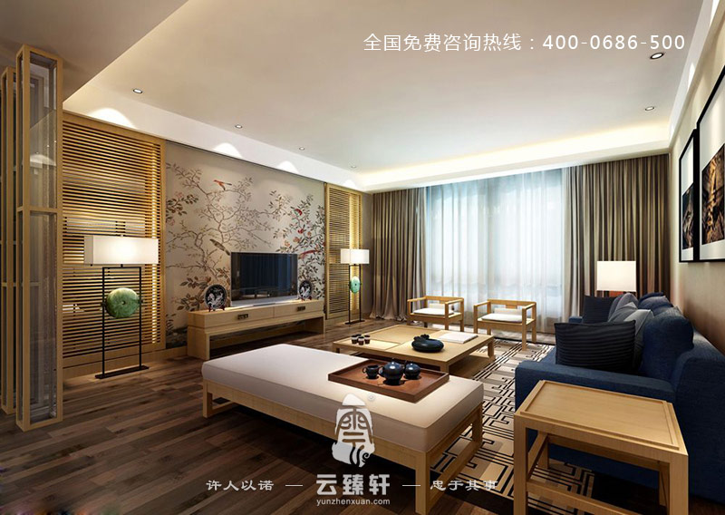 用鳥(niǎo)語(yǔ)花香作為電視背景墻的新中式裝修效果圖