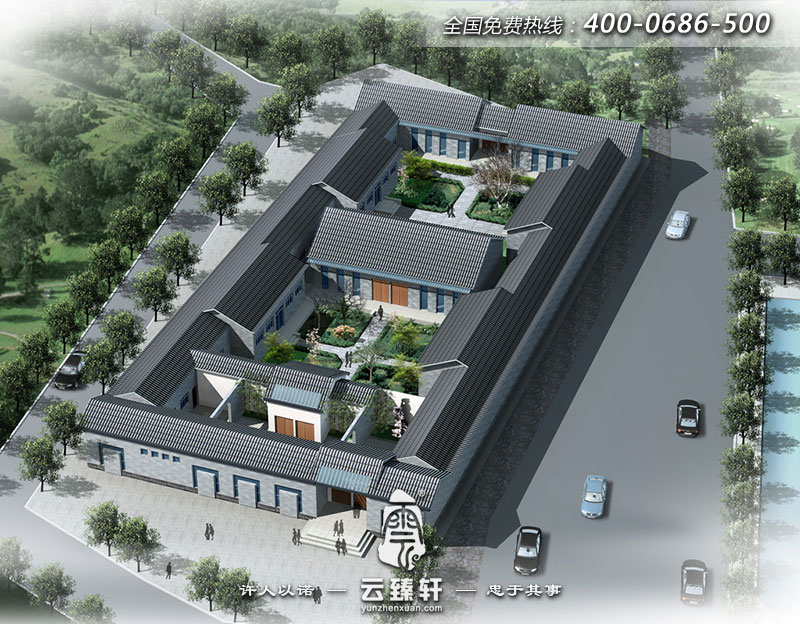 三進(jìn)院四合院建筑設(shè)計(jì)外觀鳥(niǎo)瞰效果圖