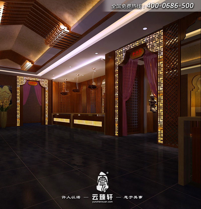 該會(huì)所分區(qū)明確,這是其中“泰式區(qū)”門廳的裝修效果