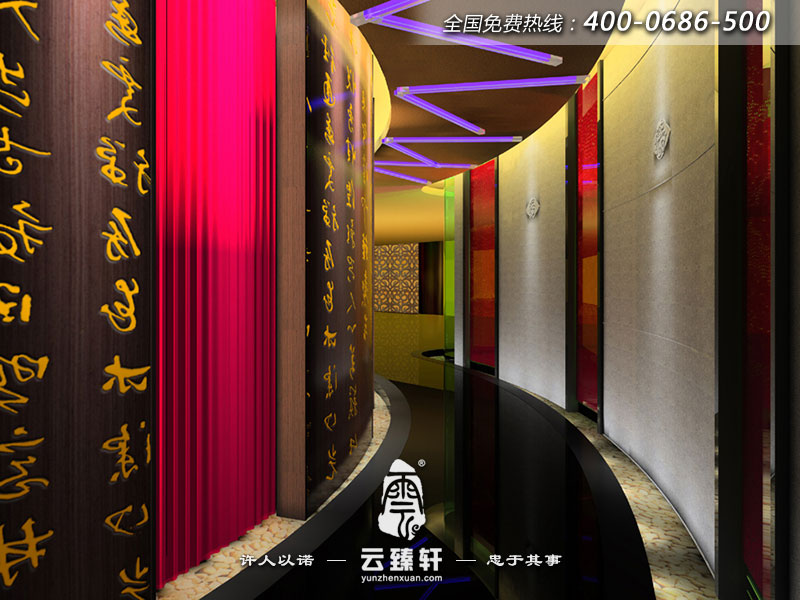 KTV二樓走道裝修設(shè)計的相對活躍,色彩鮮明