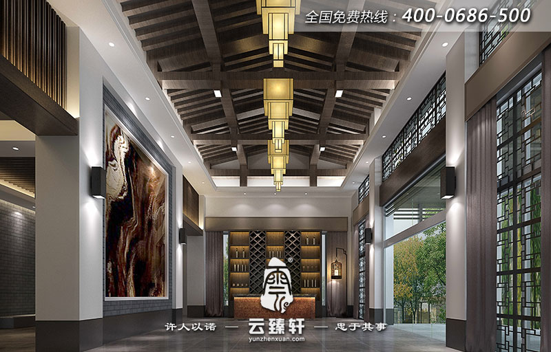 北京新中式休閑會(huì)所前臺(tái)大堂效果圖